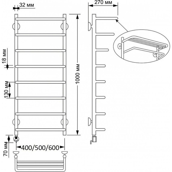 Полотенцесушитель электрический Secado Мерида 2 с полкой П8 500x1000 мм (возможность скрытого подключения) бронза - фото 3
