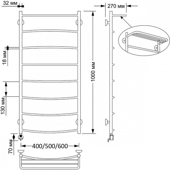 Полотенцесушитель электрический Secado Милан 4 с полкой П8 500x1000 мм (возможность скрытого подключения) бронза - фото 3