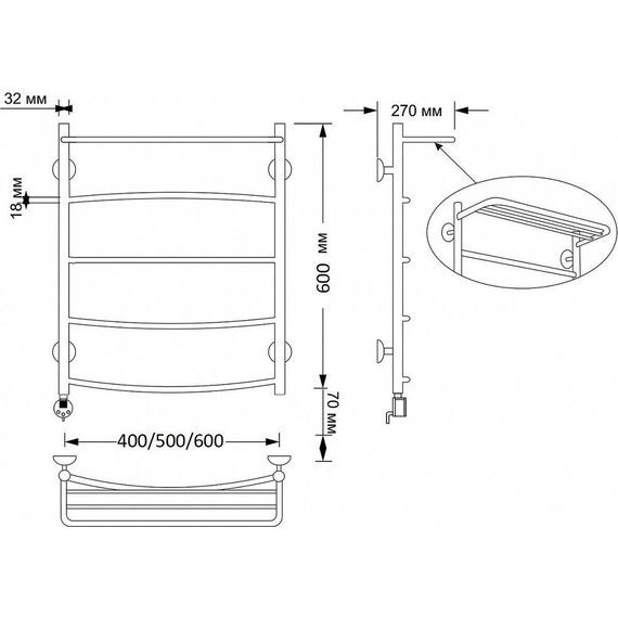 Полотенцесушитель электрический Secado Милан 4 с полкой П5 500x600 мм (возможность скрытого подключения) бронза - фото 3