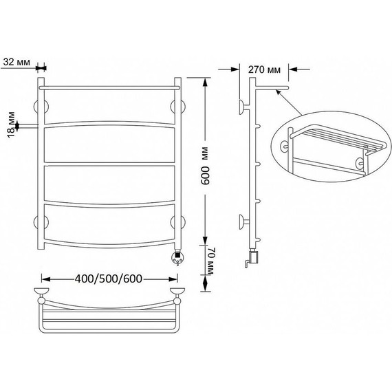 Полотенцесушитель электрический Secado Милан 4 с полкой П5 500x600 мм (возможность скрытого подключения) бронза - фото 4