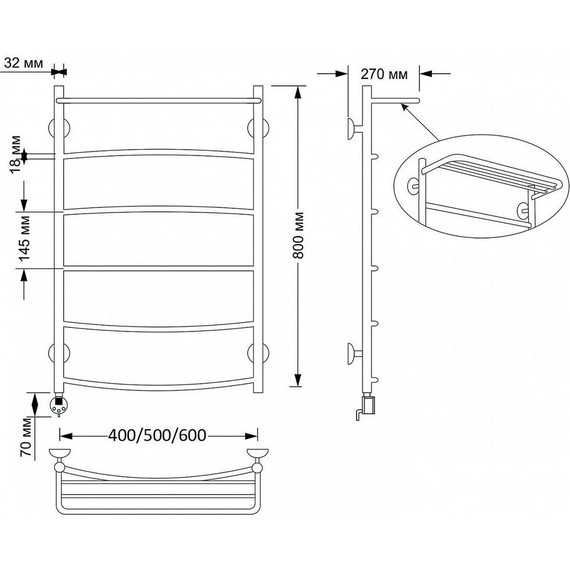 Полотенцесушитель электрический Secado Милан 4 с полкой П6 500x800 мм (возможность скрытого подключения) бронза - фото 3