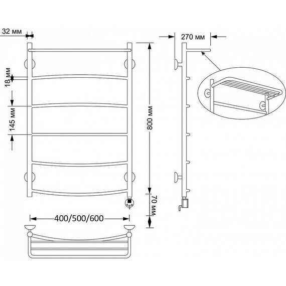 Полотенцесушитель электрический Secado Милан 4 с полкой П6 500x800 мм (возможность скрытого подключения) бронза - фото 4