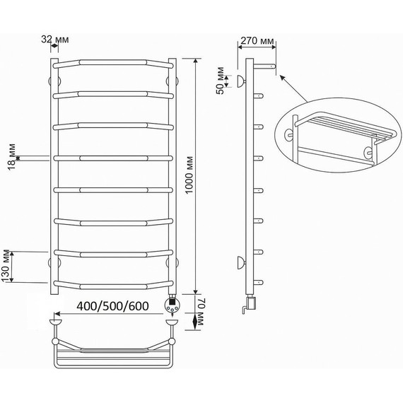 Полотенцесушитель электрический Secado Агата 3 с полкой П8 500x1000 мм (возможность скрытого подключения) бронза - фото 4