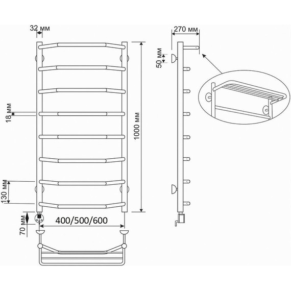 Полотенцесушитель электрический Secado Агата 3 с полкой П8 500x1000 мм (возможность скрытого подключения) бронза - фото 3