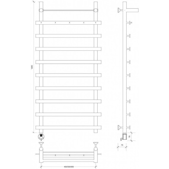 Полотенцесушитель электрический Secado Понтида 1 КСП с полкой П10 400x1200 мм (возможность скрытого подключения) - фото 3