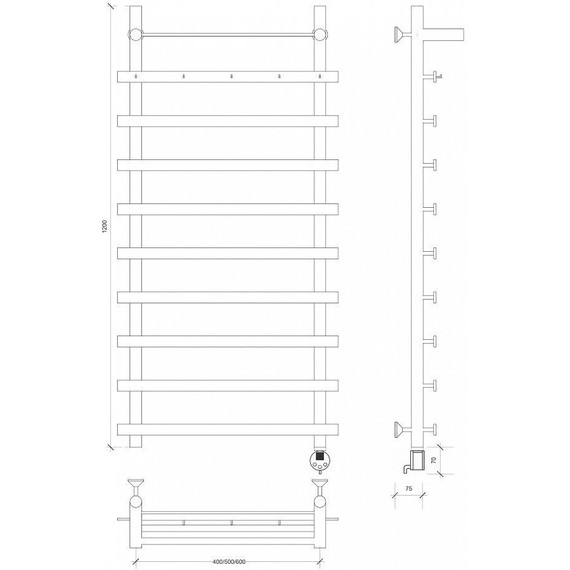 Полотенцесушитель электрический Secado Понтида 1 КСП с полкой П10 500x1200 мм (возможность скрытого подключения) - фото 4