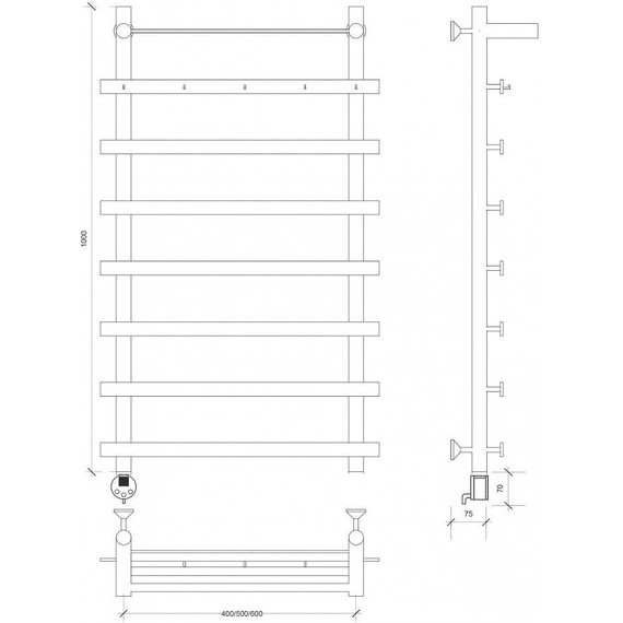 Полотенцесушитель электрический Secado Понтида 1 КСП с полкой П8 500x1000 мм (возможность скрытого подключения) - фото 3