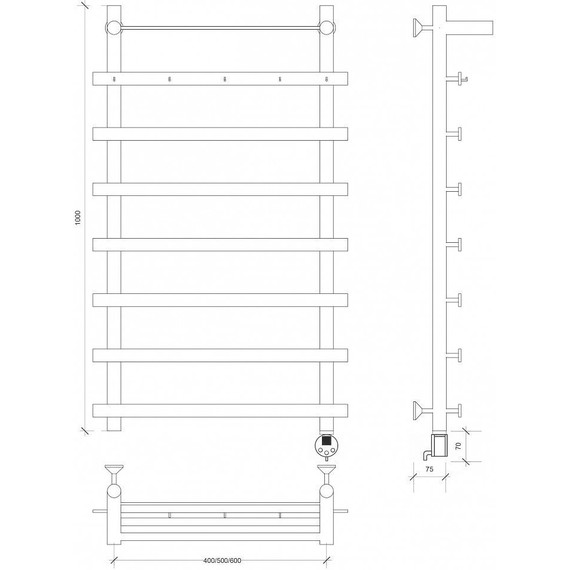 Полотенцесушитель электрический Secado Понтида 1 КСП с полкой П8 500x1000 мм (возможность скрытого подключения) - фото 4