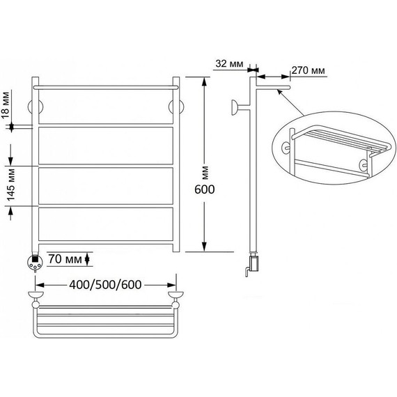 Полотенцесушитель электрический Secado Триада 4 с полкой П5 500x600 мм (возможность скрытого подключения) бронза - фото 3
