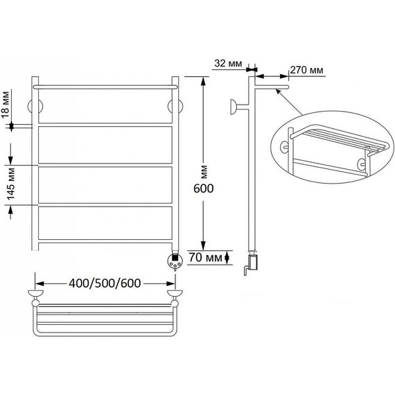 Полотенцесушитель электрический Secado Триада 4 с полкой П5 500x600 мм (возможность скрытого подключения) бронза - фото 4