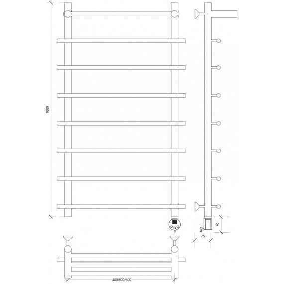 Полотенцесушитель электрический Secado Турин 1 СП с полкой П8 500x1000 мм (возможность скрытого подключения) бронза - фото 4