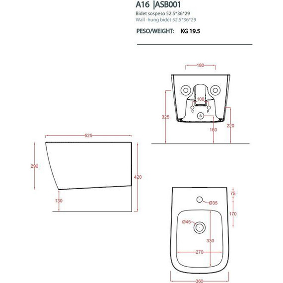 Биде подвесное ArtCeram A16 ASB001 38 00, blu avio - фото 3