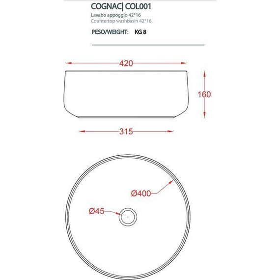 Раковина-чаша ArtCeram Cognac 42 см COL001 01 65 bianco/testa di moro - фото 8