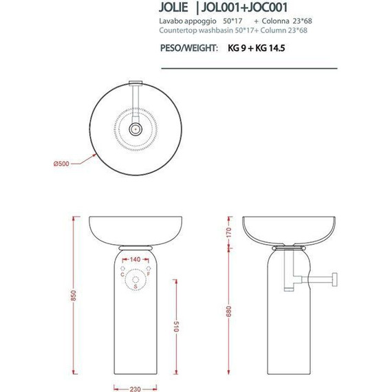 Раковина с пьедесталом ArtCeram Jolie 50 см JOL001 05 00, белый матовый/золото - фото 3