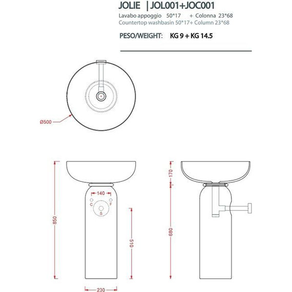 Раковина с пьедесталом ArtCeram Jolie 50 см JOL001 17 00, чёрный матовый/золото - фото 4