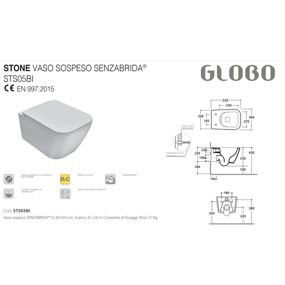 Унитаз подвесной безободковый Globo Stone STS05.AT, agata, Цвет производителя: серый - фото 2