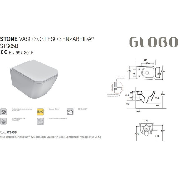 Унитаз подвесной безободковый Globo Stone STS05.BO, белый матовый, Цвет производителя: белый матовый - фото 4