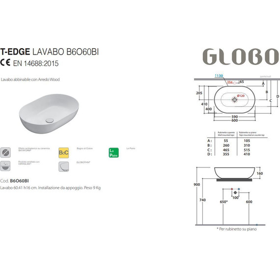 Раковина-чаша Globo T-Edge 60 см B6O60.BO, белый матовый - фото, картинка 2 Раковина-чаша Globo T-Edge 60 см B6O60.BO, белый матовый - фото 2
