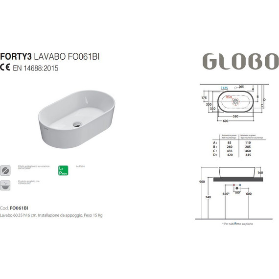 Раковина-чаша Globo Forty3 60 см FO061.BI - фото, картинка 3 Раковина-чаша Globo Forty3 60 см FO061.BI - фото 3