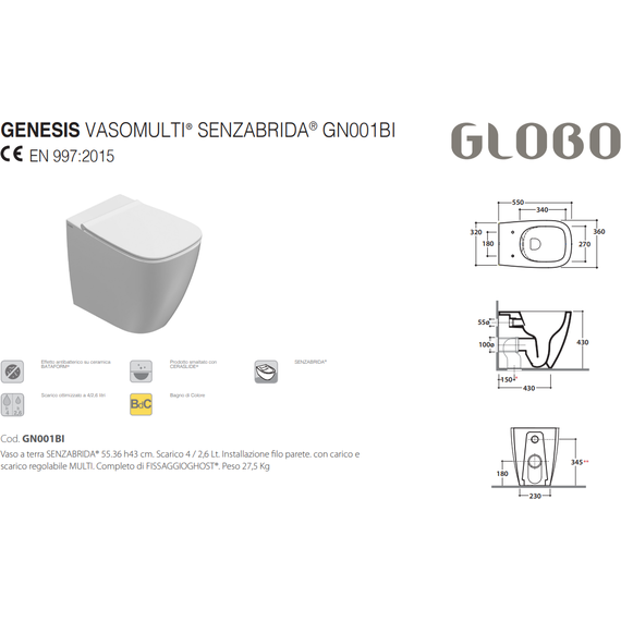 Унитаз приставной безободковый Globo Genesis GN001.BI - фото 2