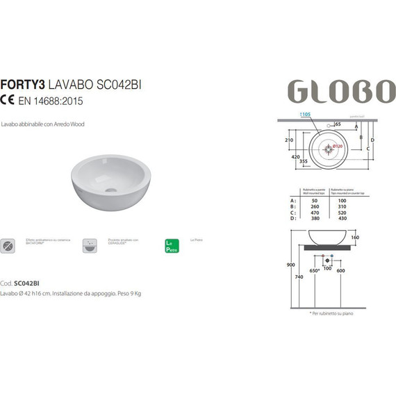 Раковина-чаша Globo Forty3 60 см SC042.BI - фото 3