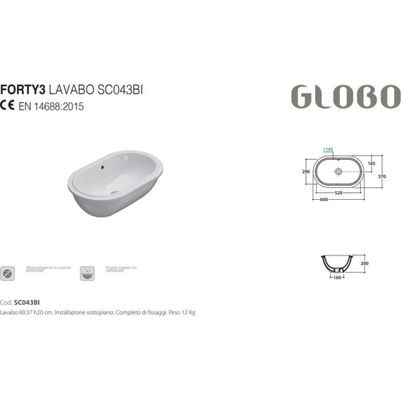 Раковина врезная под столешницу Globo Forty3 60 см SC043.BI - фото, картинка 3 Раковина врезная под столешницу Globo Forty3 60 см SC043.BI - фото 3