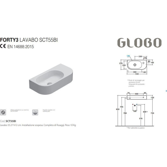 Раковина подвесная Globo Forty3 55 см SCT55.BI - фото, картинка 2 Раковина подвесная Globo Forty3 55 см SCT55.BI - фото 2