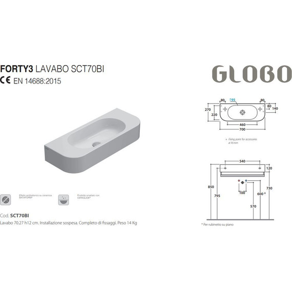 Раковина подвесная Globo Forty3 70 см SCT70.BI - фото, картинка 3 Раковина подвесная Globo Forty3 70 см SCT70.BI - фото 3