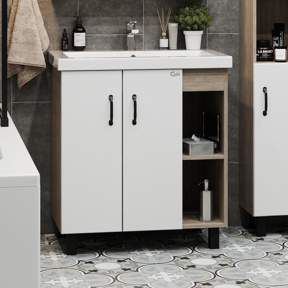 Тумба напольная с раковиной Onika Тимбер 80 см 108052, белый матовый/дуб сонома (раковина Como 80) - фото 2