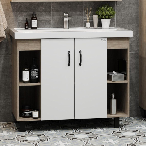 Тумба напольная с раковиной Onika Тимбер 100 см 110011, белый матовый/дуб сонома - фото 2