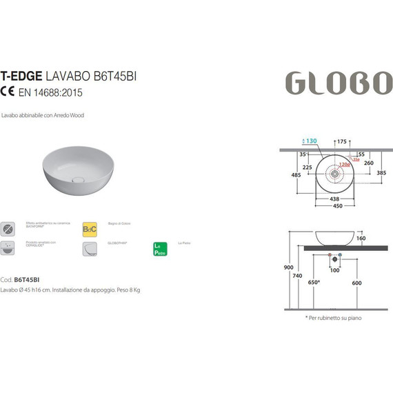 Раковина-чаша Globo T-Edge 45 см B6T45.AT, agata - фото 2