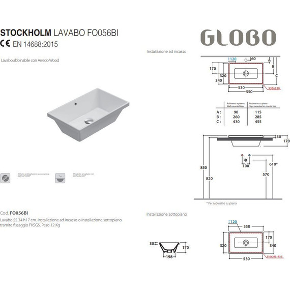 Раковина врезная на столешницу Globo Stockholm 55 см FO056.BI - фото, картинка 3 Раковина врезная на столешницу Globo Stockholm 55 см FO056.BI - фото 3