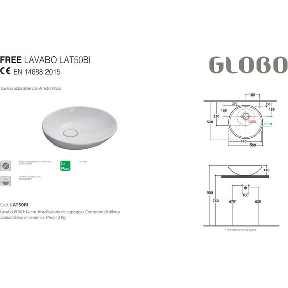 Раковина-чаша Globo Le Pietre 50 см LAT50.BI - фото 3