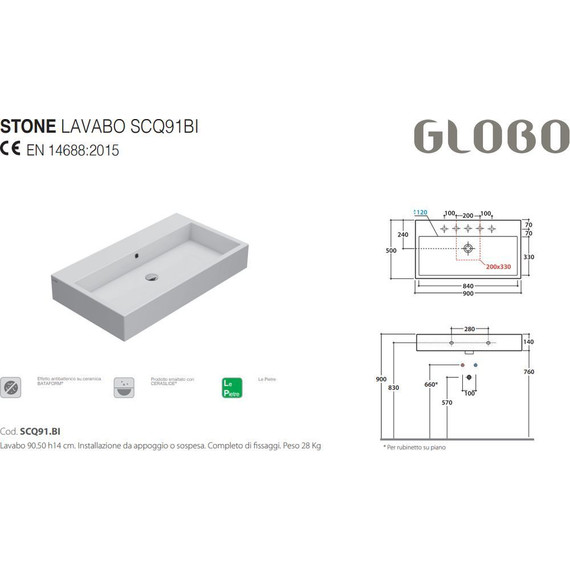 Раковина подвесная Globo Classic 90 см SCQ911.BI - фото, картинка 3 Раковина подвесная Globo Classic 90 см SCQ911.BI - фото 3