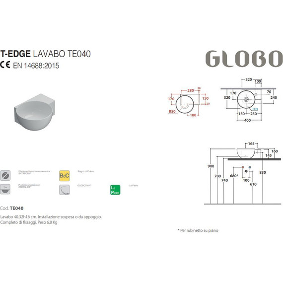 Раковина подвесная Globo T-Edge 40 см TE040BI - фото, картинка 2 Раковина подвесная Globo T-Edge 40 см TE040BI - фото 2