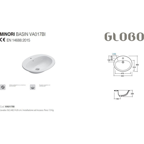 Раковина врезная на столешницу Globo Lavabi d'arredamento 56 см VA017.BI - фото, картинка 4 Раковина врезная на столешницу Globo Lavabi d'arredamento 56 см VA017.BI - фото 4