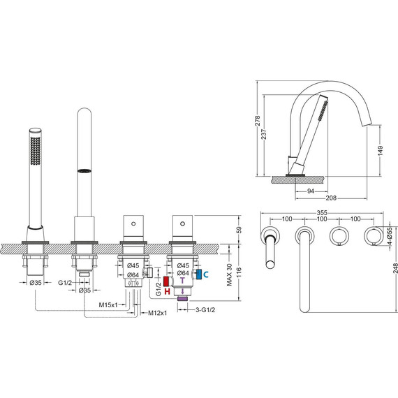 Смеситель для ванны с термостатом Timo Saona 2330/03Y, черный матовый - фото 2