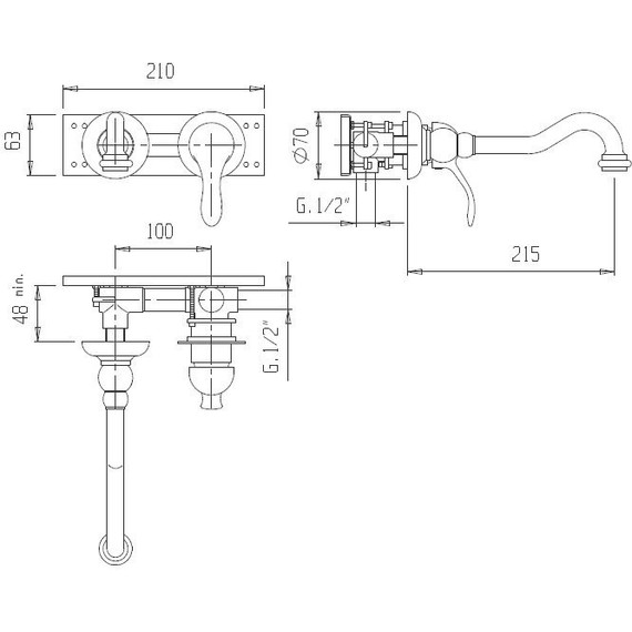 Смеситель для раковины настенный Cezares MARGOT-BLS1-03/24-N, золото 24 карат - фото 2