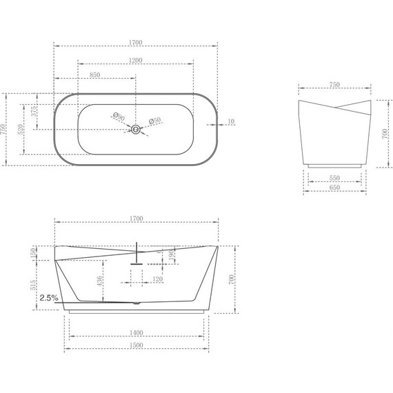 Ванна отдельностоящая Abber Stein 170x75 см AS9609, белый матовый - фото 5