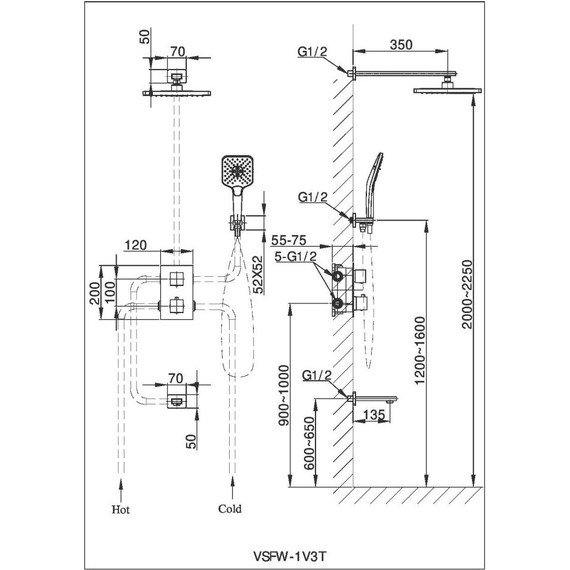 Душевая система для ванны с термостатом Vincea Next VSFW-1N3TGM, вороненая сталь - фото 6