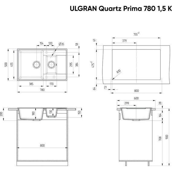 Кухонная мойка Ulgran Quartz Prima 780-01 1,5K, жасмин - фото 3