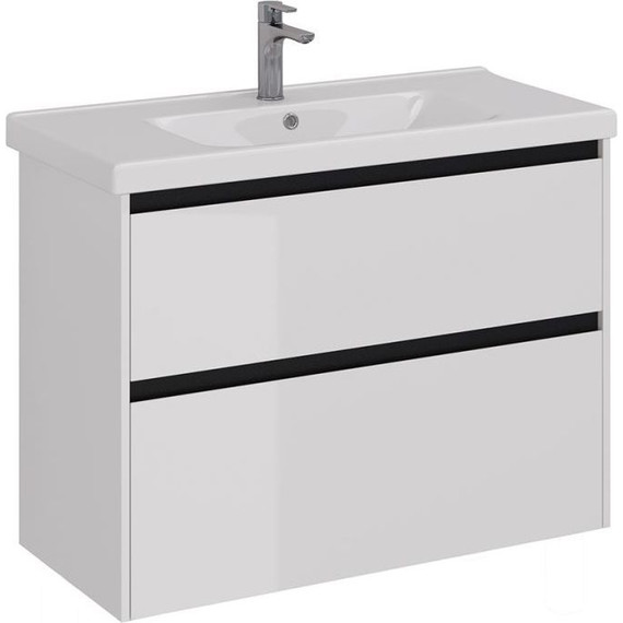Тумба подвесная с раковиной Lemark Combi 100 см LM03C100T-black, белый глянец/черный матовый - фото 