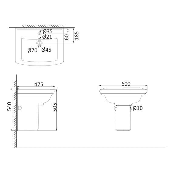 Раковина с пьедесталом Creo Ceramique Orleans 60 см OR3000 - фото 2