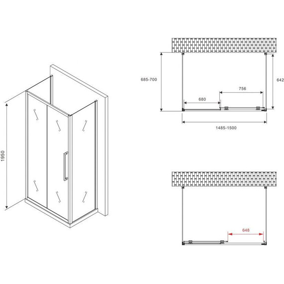 Душевое ограждение Abber Schwarzer Diamant 150x70 см AG30150BMH-S70BM-S70BM, чёрный/матовое - фото 5