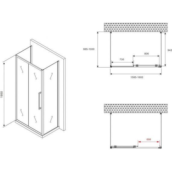Душевое ограждение Abber Schwarzer Diamant 160x100 см AG30160BMH-S100BM-S100BM, чёрный/матовое - фото 5