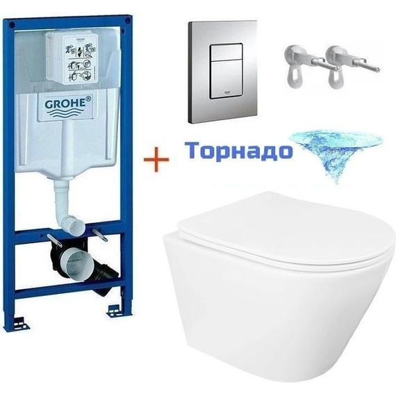 Инсталляция с подвесным унитазом комплект: Grohe Rapid SL 38772001 с подвесным безободковым унитазом Loranto Krosa 87266 сиденье микролифт, крепление, кнопка смыва хром (Система смыва торнадо) - фото 2