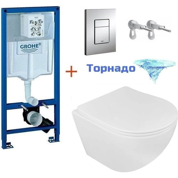 Инсталляция с подвесным унитазом комплект: Grohe Rapid SL 38772001 с подвесным безободковым унитазом Loranto Ester 87265 сиденье микролифт, крепление, кнопка смыва хром (Система смыва торнадо), Цвет производителя: белый - фото, картинка 2 Инсталляция с подвесным унитазом комплект: Grohe Rapid SL 38772001 с подвесным безободковым унитазом Loranto Ester 87265 сиденье микролифт, крепление, кнопка смыва хром (Система смыва торнадо), Цвет производителя: белый - фото 2