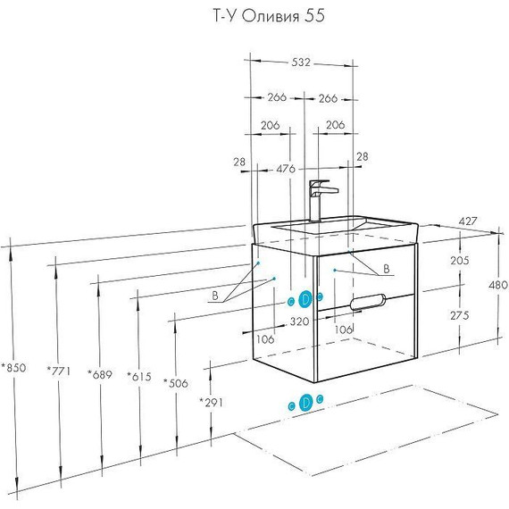 Тумба подвесная с раковиной Акватон Оливия 55 см 1A254201OL010, белый матовый - фото 9