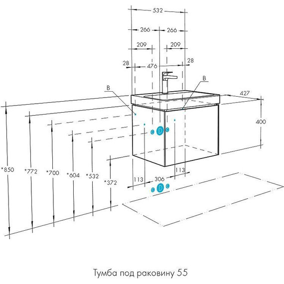 Тумба подвесная с раковиной Акватон Асти 55 см 1A263101AX2B0, белый глянцевый - фото 10
