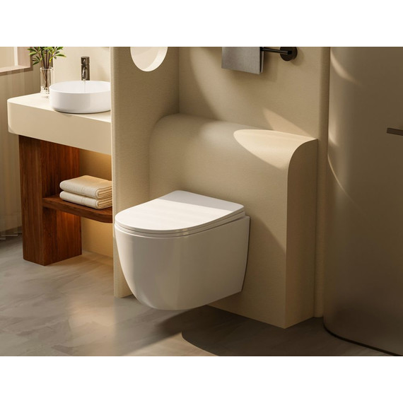 Унитаз подвесной безободковый Abber Bequem AC1100T с тонкой крышкой микролифт (Система смыва торнадо), Цвет производителя: белый - фото, картинка 4 Унитаз подвесной безободковый Abber Bequem AC1100T с тонкой крышкой микролифт (Система смыва торнадо), Цвет производителя: белый - фото 4